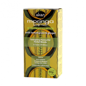 Akan Moringa Leaf Tea With Lemongrass And Ginger Our authentic Moringa tea infused with lemongrass and ginger is a superfood in a teabag. Our African blended tea of Moringa, has been part of the indigenous culture and medicinal heritage of the Khoisan people in South Africa for centuries. The Moringa tree has been used for thousands of years, as far back as the ancient Egyptians, Greeks and Romans for its time honoured properties. This Moringa tea is rich in antioxidants, nutrients and African flavour.