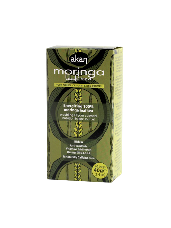 Akan Moringa Leaf Tea Original Akan authentic original Moringa tea is a superfood in a teabag. Is an African blended tea of Moringa which has been part of the indigenous culture and medicinal heritage of the Khoisan people in South Africa for centuries. The Moringa tree has been used for thousands of years, as far back as the ancient Egyptians, Greeks and Romans for its time honoured properties. This Moringa tea is rich in antioxidants, nutrients and African flavour.