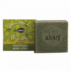 Akan MORINGA BODY SOAP Akan Moringa body soap is made using Moringa leaf extract making it a mild and gentle body soap that gently cleanses and nourishes the skin. The natural benefits of the Moringa soap is rich in antioxidants, a soothing cleanser which helps in a range of skin irritations and promotes a healthy naturally looking skin.