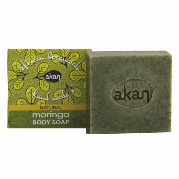 Akan MORINGA BODY SOAP Akan Moringa body soap is made using Moringa leaf extract making it a mild and gentle body soap that gently cleanses and nourishes the skin. The natural benefits of the Moringa soap is rich in antioxidants, a soothing cleanser which helps in a range of skin irritations and promotes a healthy naturally looking skin.